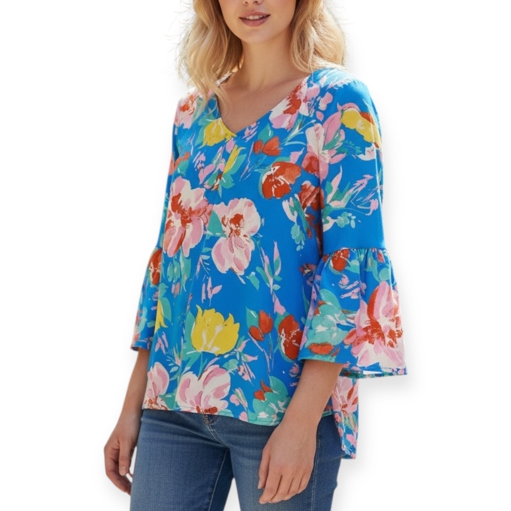 Umgee Women’s Blouse Size Large Blue Floral Print Bell Sleeve Boho Tunic Top